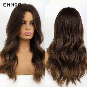Emmor sentetik uzun ışık serin kahverengi vurgu koyu sarışın dalgalı saç perukları yüksek sıcaklık katmanlı cosplay ombre peruk kadınlar için 220622