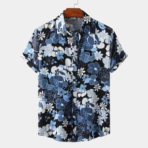 Mavi çiçek baskısı hawaii gömlek erkekler 2022 yaz gündelik kısa kollu düğme up plaj çiçek gömlek erkekler yaz Hawaii Kimya 3xl L220704