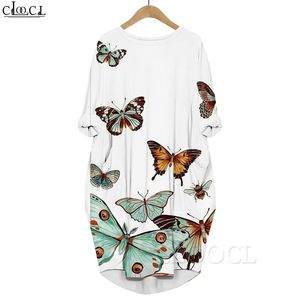 Kadınlar Giyim Güzel Kelebekler 3D Grafik Basılı Kız Elbiseler Uzun Kollu Diz Uzunluk Cep Elbiseleri Beyaz Elbise 220616
