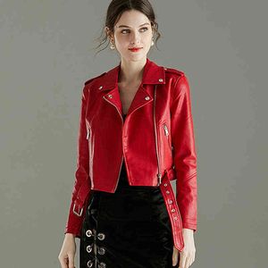 2021 New Women Leather Jackets Lady Pu Bomber Motorcycle Biker Pink amarelo preto casacos de couro falso com roupas de cinto L220728