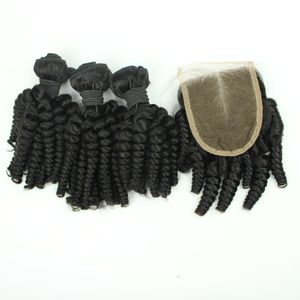 Закрытие кружева с бразильскими волосами пучков Funmi Curly Curly человеческое плетение необработанные девственные волосы индийские малазийские перуанские наращивания волос