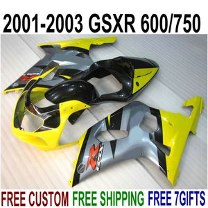 SUZUKI GSXR600 GSXR750 2001 2002 2003 K1 için yüksek kaliteli kaporta kiti gümüş sarı siyah GSXR 600 750 grenaj seti 01-03 RA16