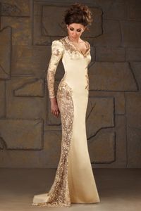 Vintage V-Ausschnitt Meerjungfrau Satin Langarm Applikation Pailletten Gold Abendkleider Formelles bescheidenes Kleid für die Brautmutter 2014
