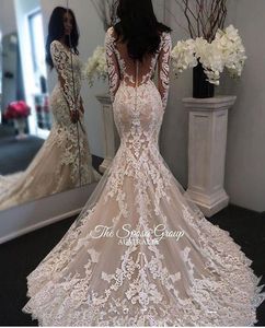2023 New Illusion Long Sleeves Lace Mermaid Wedding Dresses Tulle Applique Court princess Wedding Bridal Gowns With Buttons