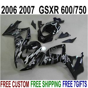 SUZUKI GSX-R600 GSX-R750 için plastik kaporta kiti 06 07 K6 fairings GSXR 600/750 2006 2007 parlak siyah Corona karoser seti V6F