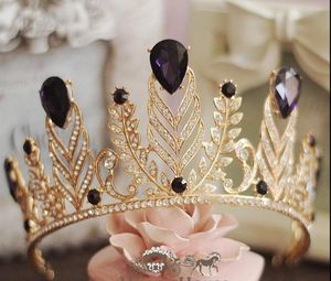Barok Tarzı Düğün Parti Saç Aksesuarları Mor Dimand Kristaller Prenses Kraliçe İnciler Şapkalar Gelin Tiaras Takı Altın Pageant Taçlar