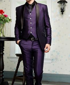 Yüksek Kalite Bir Düğme Mor Damat Smokin Şal Yaka Groomsmen Mens Gelinlik Balo Suits (Ceket + Pantolon + Yelek + Kravat) H212