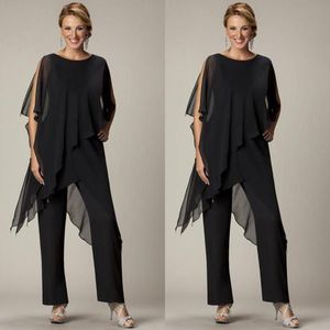 Ucuz 2019 İki Adet Pantolon Gelin Annesi Mücevher Yarım Kollu Plus Size Siyah Şifon Abiye Giyim Plaj Düğün İçin Suits