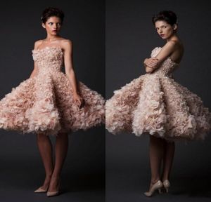 2016 Krikor Jabotian Balo Kısa Gelinlik Büyüleyici Allık Pembe Organze Çiçekler Vestido De Noiva Seksi Straplez Gelin Törenlerinde