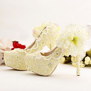 Чистый Желтый Невесты Обувь На Высоких Каблуках Платформы Платье Обувь Кружева Цветок Горный Хрусталь Свадебные Туфли Свадебные Насосы Шпильках Высокий Каблук