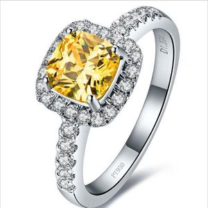 Anello di fidanzamento con diamante sintetico SONA giallo a forma di cuscino a taglio principessa da 3 carati A-Ok Regalo di gioielli da sposa Platino in oro bianco