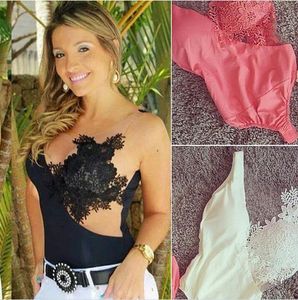 Toptan-Bayan Seksi Bodysuit Bra Tığ Örgü Sheer Dantel Kolsuz Bluz Tops