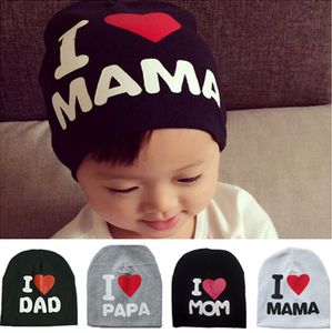 Bebek Çocuklar Sıcak Örme Beanie Şapka Baskılı Mektuplar I LOVE BABA MOM PAPA MAMA Skullies Şapkalar Için Toddler
