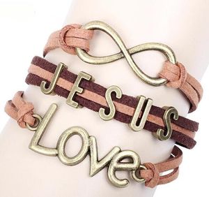 Love Jesus Bracciale in pelle corda Bracciali punk Gioielli retrò Regali cristiani Accessorio fatto a mano in pelle intrecciata multistrato