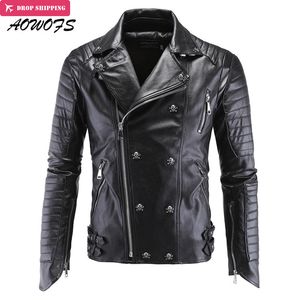 Toptan- Aowofs Erkek Deri Ceketler Siyah Motosiklet Ceketleri Kafatasları Perçinler Eğik Fermuar İnce Fit Quilting Punk Deri Ceket 5xl