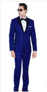 Damat ve Groomsmen Siyah Şal Yaka Balo Için Slim Kraliyet Mavi Düğün Smokin İki Düğme Erkek Takım Elbise Suits (Ceket + Pantolon + Yay)