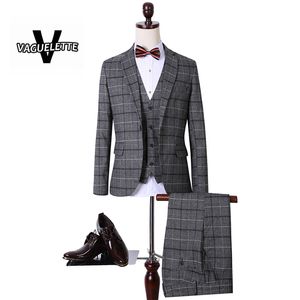 Wholesale-(Blazer+Pants+Vest) Light  Costume Homme Gentlemen Formal Plaid Mens Suit Imported Clothing Wedding Suit For Men M-5XL