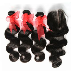 A onda do corpo do cabelo virgem cambojana com fechamento 7a cabelo humano não processado tecemos 3 pacotes e 1 pcs Top Lace Feches Natural Preto Extensões