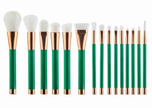 15 adet set makyaj fırça, yeşil saplı beyaz fırça, altın saplı pembe fırça, siyah saplı mor fırça, 100 adet / grup