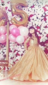 Gold Pulin Toddler Balo Ball Gowns Kızlar Pageant Elbiseleri Mücevher Uzun Kollu Resmi Çocuk Parti Elbise Çiçek Kız Elbiseleri Düğünler için 261W