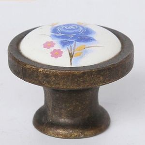Manuseio de 36 mm Moda de mobília rural de cerâmica rural Antigo cômoda de bronze de bronze maçaneta de cerâmica de flor azul.