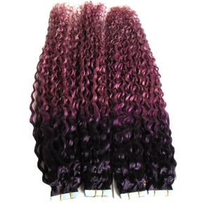 Kinky Curly Extensões de fita de trama de pele Roxo / rosa ombre Extensões de cabelo 80pcs 200g Fita de cabelo humano em extensões de cabelo