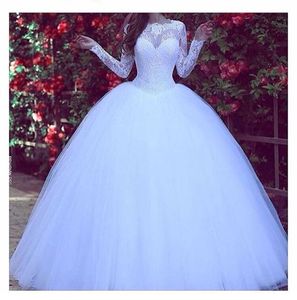 Müslüman Arabistan uzun kollu gelinlik dantel balo elbisesi gelin elbiseler beyaz prenses kabarık tül mütevazı gelinlik