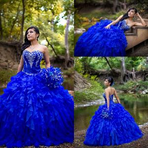 Kraliyet 2018 Vintage Blue Quinceanera Balo Gown Elbiseler Nakış Boncuklu Organza Uzun fırfırlar katmanlı tatlı 16 parti elbise balo akşam elbiseleri s