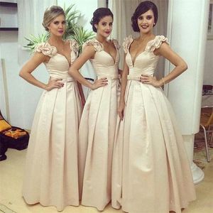 Şampanya Saten Derin V Boyun Gelinlik Modelleri Ruffles Bir Çizgi Hizmetçi Onur Kadınlar Düğün Misafir Zarif Örgün Parti Elbiseler