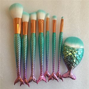 8Pcs Icy Blue Mermaid Makeup Brush Set, 3D Mermaid Shape Makeup Brush Kit for Foundation, Eyebrow, Concealer, Blush