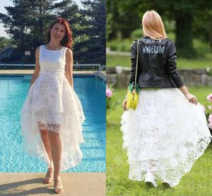 Beyaz Dantel Yüksek Düşük Gelinlik Modelleri Jewel Kolsuz Fermuar Geri Abiye giyim Ucuz Özel Durum Elbise Kızlar Için Custom Made