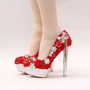 Red Color Gorgeous Pearl Bridal Shoes Rhinestone Bow Tassel Wedding Dress Shoes Women Party Prom High Heels Lady Valentine Pumps