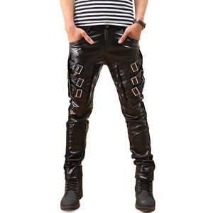 Atacado-novo Chegada Mens Coreano Gótico punk Moda Faux Couro Calças Pu fivelas Hip Hop Applique Black Leather Calças