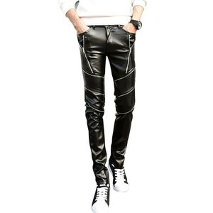 Atacado-DJ Swag Skinny Masculino Couro Sintético PU Justo Corredor Preto Calça Motociclista Para Homens Meninos Com Zíperes