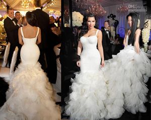 Zarif Kim Kardashian Mermaid Lüks Gelinlik Tren Uzun Spagetti Seksi Organze Konturlu Kat Uzunluk Gelin Elbise Gelin Için