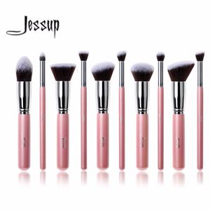Wholesale Jessup 10Pcs Professional Make up Brushes Set Foundation Blusher Kabuki Powder Eyeshadow Blending Eyebrow Brushes Pink/Silver