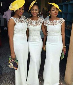 Beyaz Kılıf Dantel Sheer Boyun Düğün Konuk Elbiseler Nijeryalı Tarzı Cap Sleeve Kat Uzunluk Gelinlik Modelleri Custom Made Honor elbisesi