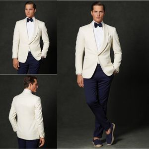 Yakışıklı Fildişi Ve Donanma Slim Fit Damat Smokin Custom Made Erkekler İş Takım Elbise Yüksek Kalite İki Adet Düğün Suits
