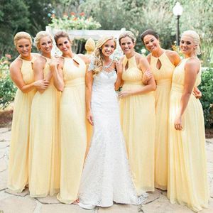 Muhteşem Uzun Örgün Sarı Nedime Elbiseler Plaj Düğün Halter Kolsuz Dantelli Şifon Hizmetçi Onur Törenlerinde Seksi Cut Out Tasarım