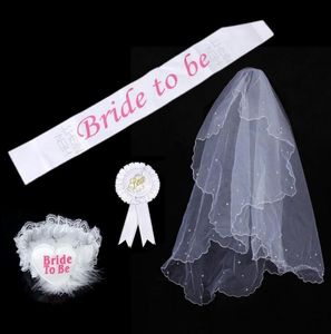 Noiva Para Ser Conjunto Roseta mantilla Emblema Sash Garter Véu tiara Hen Noite Bachelorette festa de casamento adereços menina branca presente