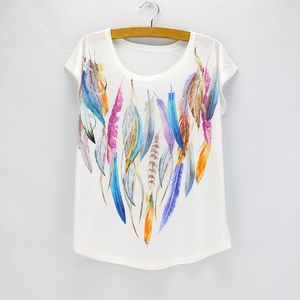 Kadın T-shirt Toptan-Moda Renkli Tüy Baskı T Gömlek Kadın 2021 Amerikan Avrupa Tasarım Kız Üst Tees Toptan