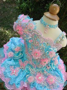 40 % süße Mädchen-Cupcake-Festzug-Kleider, Ballkleid, Spitze, Blumenmädchen-Kleider, handgefertigt, Blumen, Perlen, Kristalle, Stufen, Kleinkind-Kleid