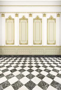 Luxuriöse fotografische Hintergründe für den Innenbereich, digital bedruckte goldene Fotorahmen, weiße Wand, Hochzeitsfotografie-Hintergründe, schwarzer und weißer Boden