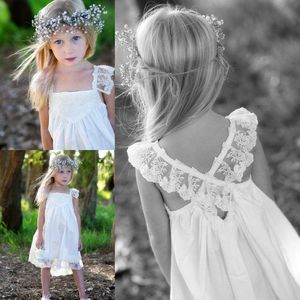 2017 Boho Plaj Ülke Çiçek Kız Elbise Düğün İçin Ucuz Kare Dantel Criss Çapraz Geri Diz Boyu Gündelik Elbise Custom Made EN6288