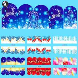 Toptan-Sara Tırnak Salonu 1 Sayfalık Noel Mavi Tasarım Su Çıkartmaları DIY Nail Art Transferi Çıkartmaları Kar Tanesi Renk Desenleri İpucu BN205-216