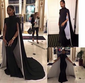 Uzunluk sıcak zemin siyah gece elbise kılıfı yüksek boyunlu Arapça vestidos de festa resmi parti pelerinli kurucu elbisesi