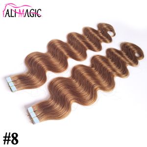 Кожа уток ленты в наращивание волос человека для Ваших хороших волос скидка #8 светло-коричневый бразильский волна тела красоты волос Продукты 10-26 дюймов