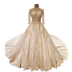 1970'ler Vintage Uzun Kollu Gelinlik Ile Boncuklu Aplike Kristal Yüksek Boyun Cathdral Tren Tafta Düğün Konuk Elbise Anne için