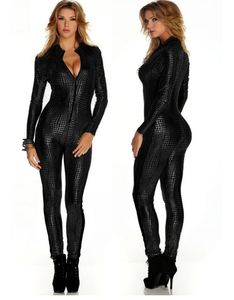 Atacado- macacão sexy para mulheres jumpsuit de couro de vinil 2015 venda quente novo preto tira ouro sexy couro bodysuit w207980
