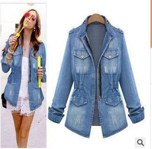 Atacado- New Women's Denim Jacket Coat Jaqueta Feminina Mulheres Slim Zipper Bolsos Básicos Casacos Básicos Outerwear Jeans Casaco Grande Tamanho XXXXL